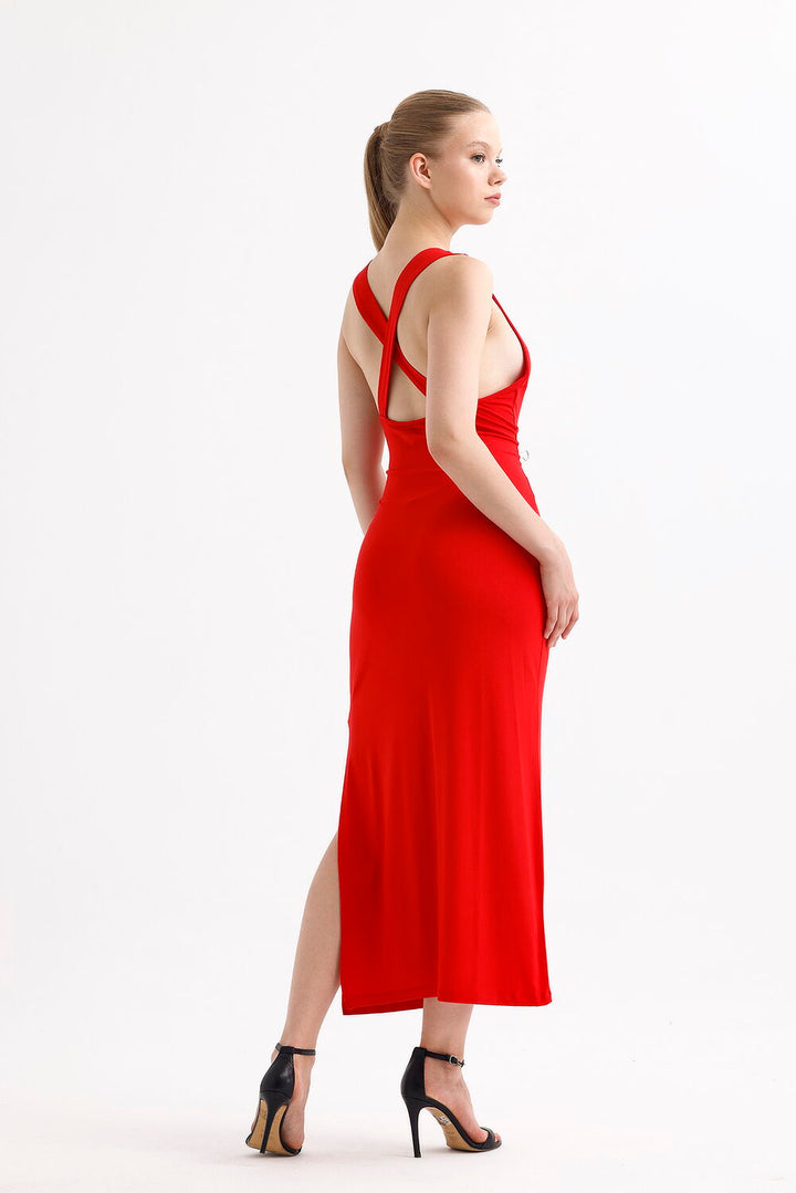 SNS Sense Red Slit Back Decollete Cross Strap Sleeveless Square Neck Viscose Dress - Tacoma