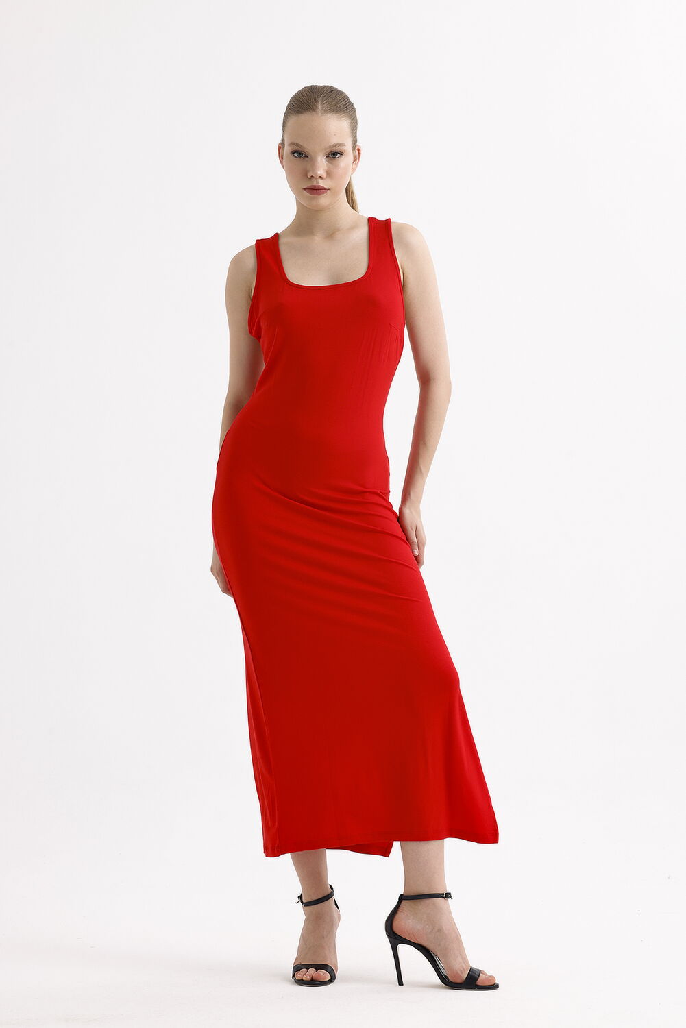 SNS Sense Red Slit Back Decollete Cross Strap Sleeveless Square Neck Viscose Dress - Tacoma