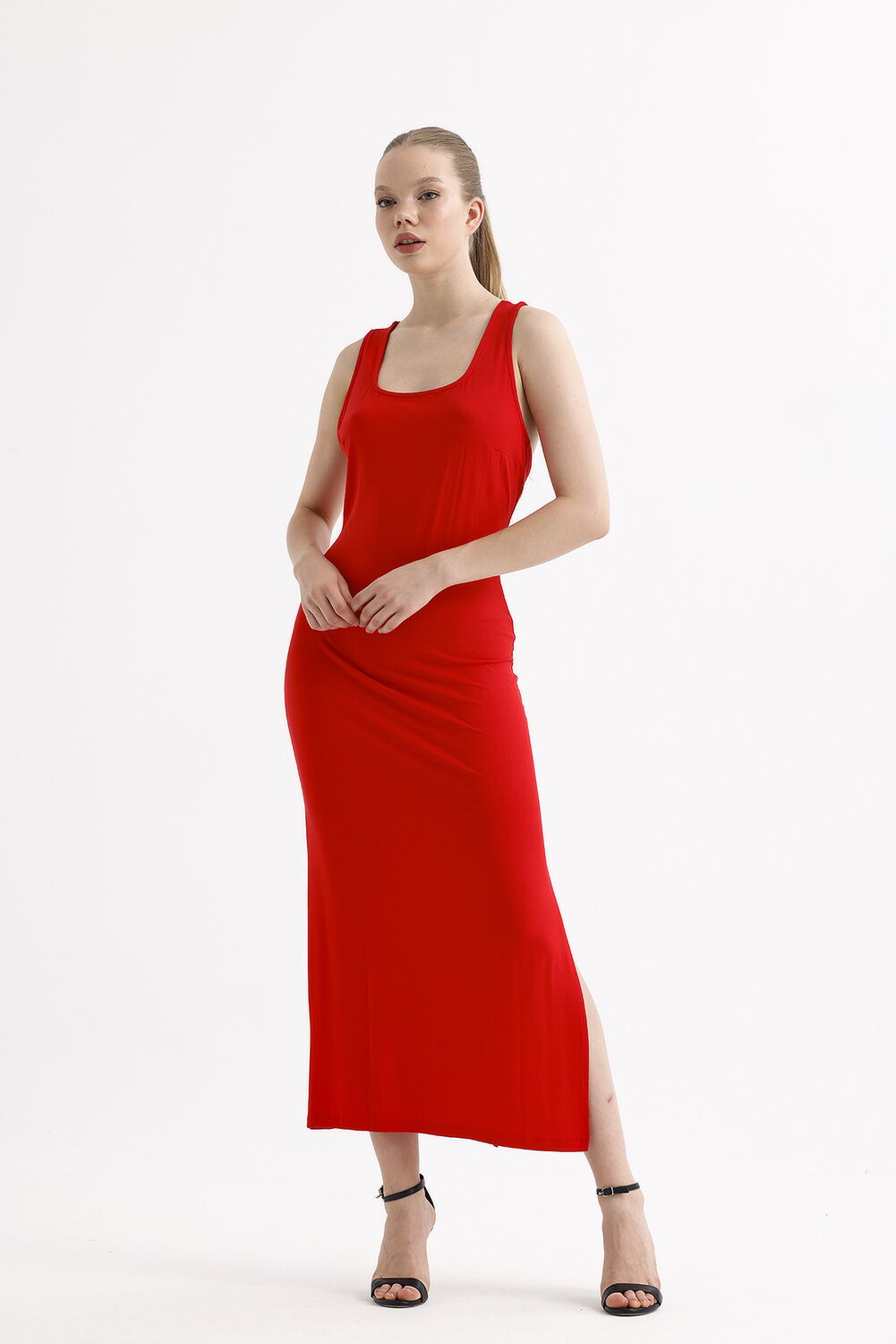 SNS Sense Red Slit Back Decollete Cross Strap Sleeveless Square Neck Viscose Dress - Tacoma