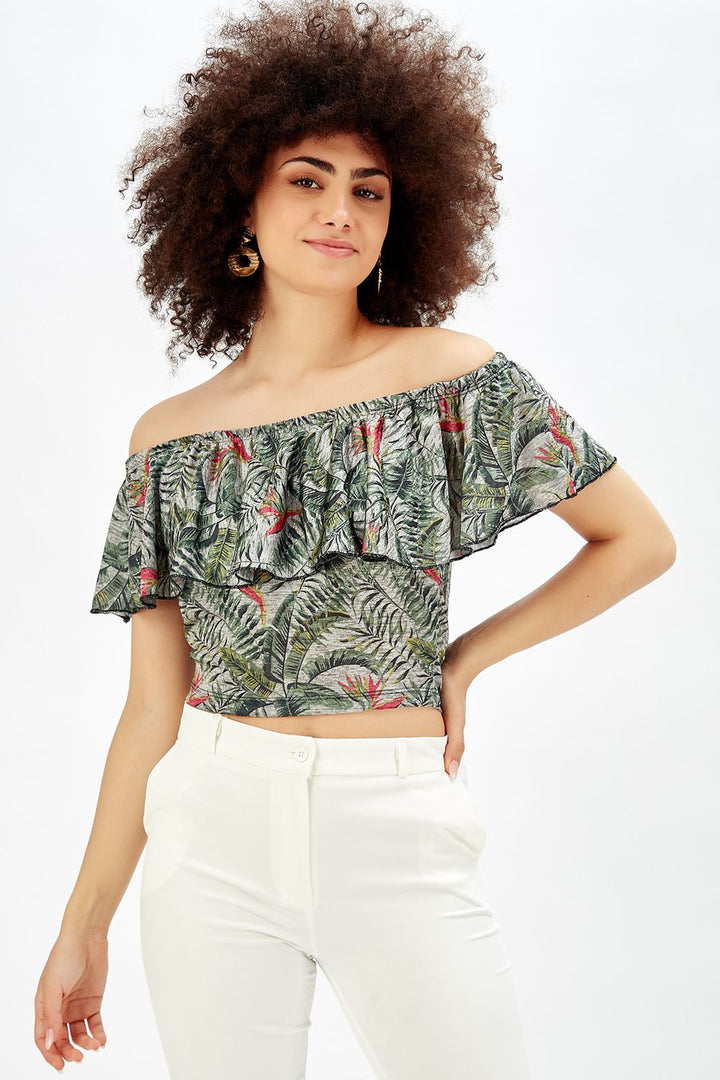 SNS Sense Bird Patterned Flower and Parrot Patterned Short Ruffled Blouse - La Orotava