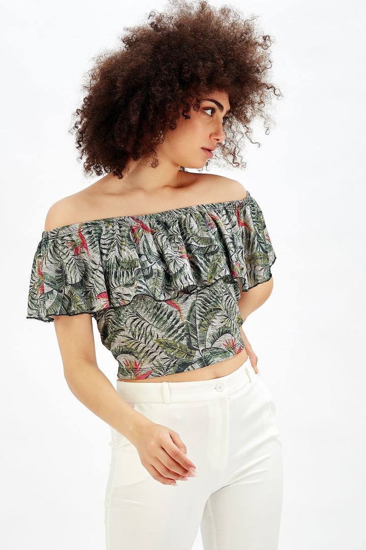 SNS Sense Bird Patterned Flower and Parrot Patterned Short Ruffled Blouse - La Orotava