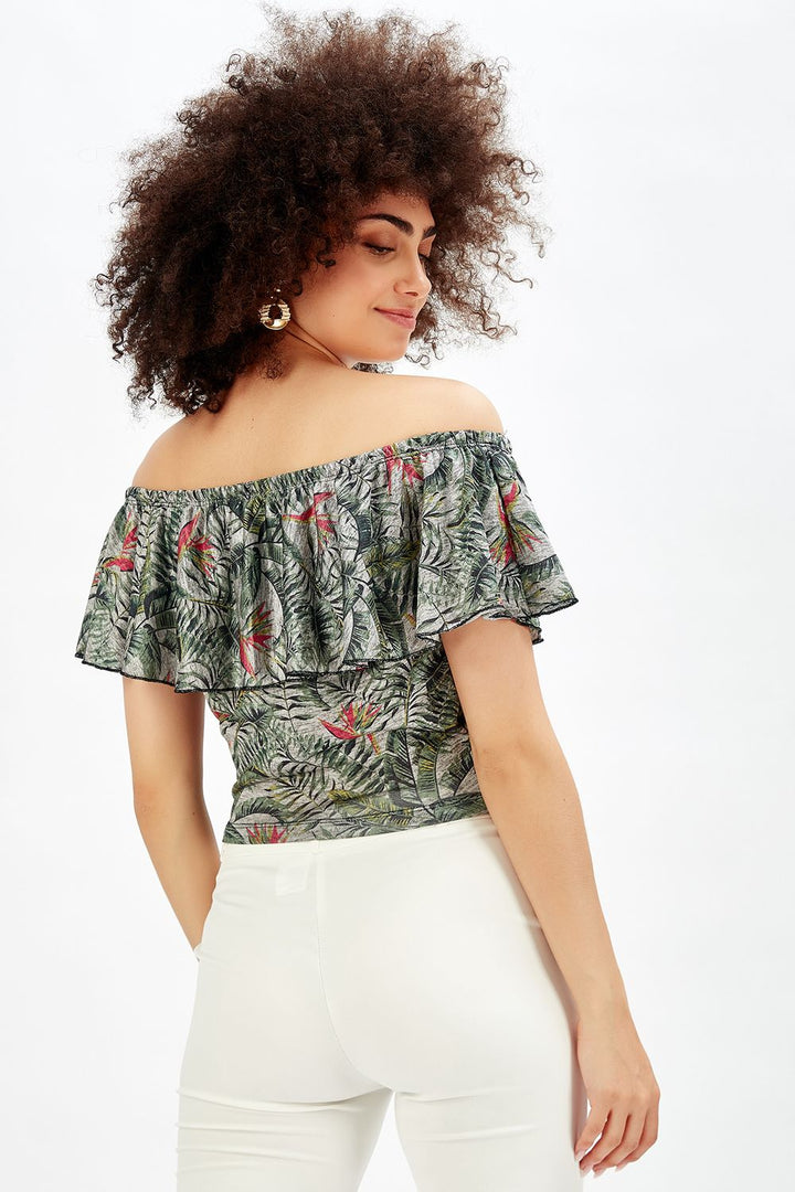 SNS Sense Bird Patterned Flower and Parrot Patterned Short Ruffled Blouse - La Orotava