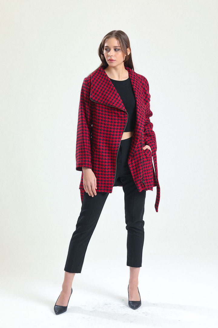 SNS Sense Laci Red Wide Collar Front Zippered Belted Coat - Coeur dAlene