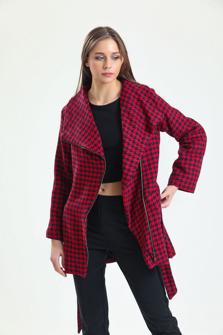 SNS Sense Laci Red Wide Collar Front Zippered Belted Coat - Coeur dAlene