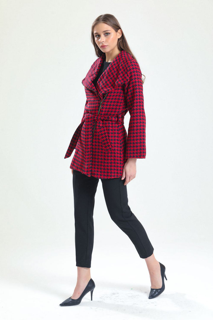 SNS Sense Laci Red Wide Collar Front Zippered Belted Coat - Coeur dAlene