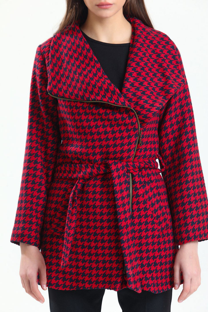 SNS Sense Laci Red Wide Collar Front Zippered Belted Coat - Coeur dAlene
