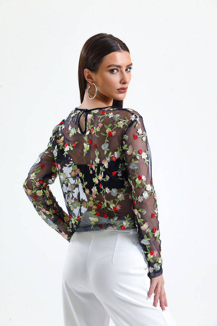 SNS Sense Navy Blue Embroidered Sheer Blouse - Las Rozas de Madrid