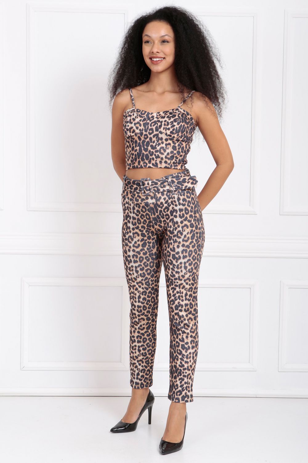 SNS Scuba Leopard Slim Fit Pants with Leopard Patterned 5 cm Fabric Covered Buckle and Belt on the Waist. - Bayonne