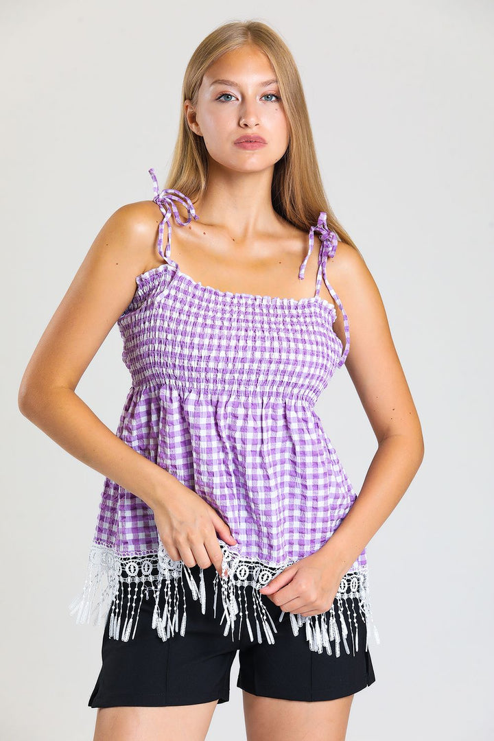 SNS Sense Lilac Strappy Skirts Fringed Guipure Waffle Blouse - Châtillon