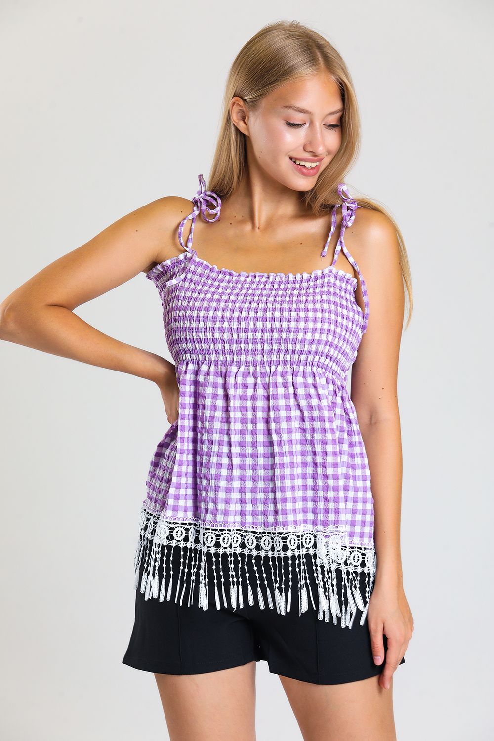 SNS Sense Lilac Strappy Skirts Fringed Guipure Waffle Blouse - Châtillon