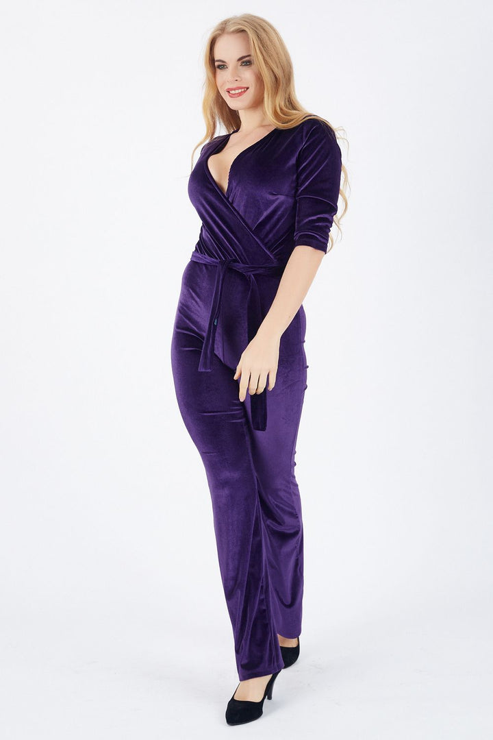 SNS Sense Purple Wrap Belted Velvet Jumpsuit - High Wycombe