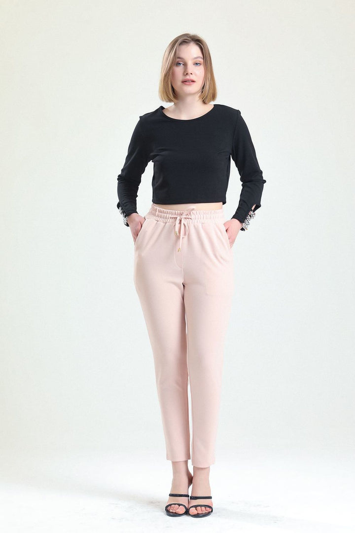 SNS Sense Powder Blue Elastic Waist Pocketed Belted Scuba Crepe Pants - Skokie