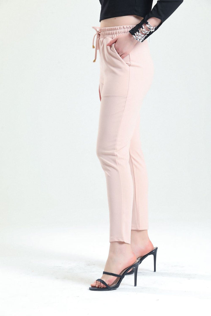 SNS Sense Powder Blue Elastic Waist Pocketed Belted Scuba Crepe Pants - Skokie