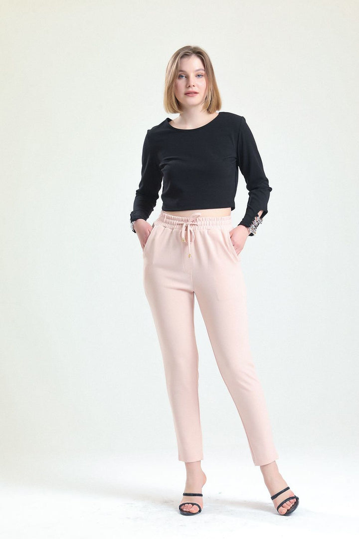 SNS Sense Powder Blue Elastic Waist Pocketed Belted Scuba Crepe Pants - Skokie