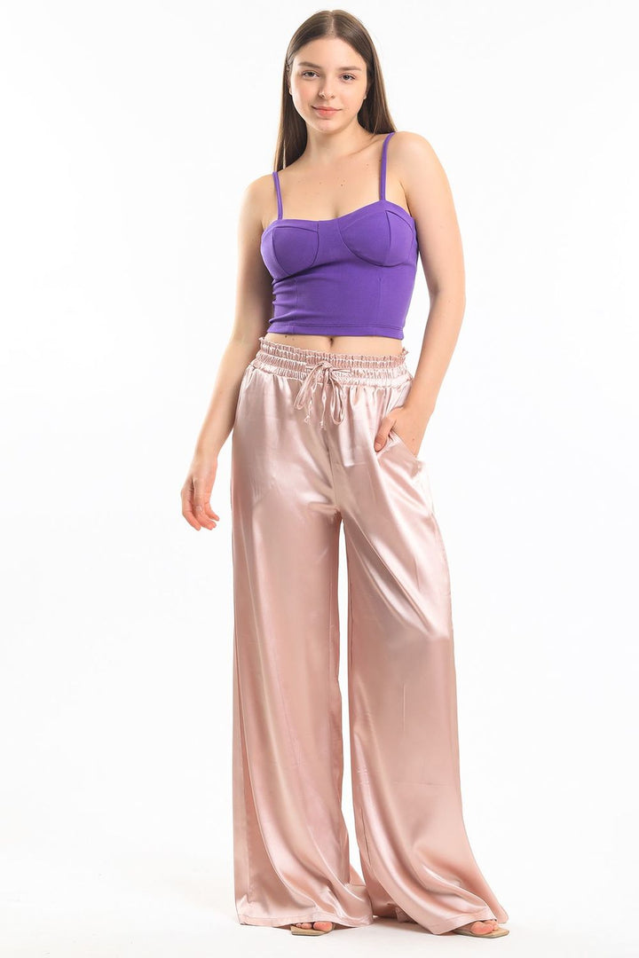 SNS Sense Powder High Waisted Wide Leg Satin Pants with Detailed Pockets - Zoetermeer