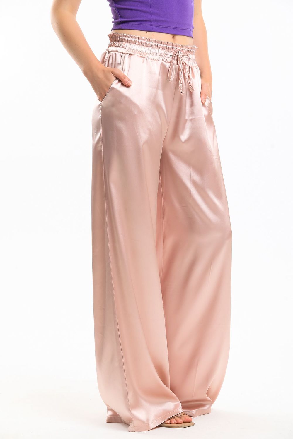 SNS Sense Powder High Waisted Wide Leg Satin Pants with Detailed Pockets - Zoetermeer