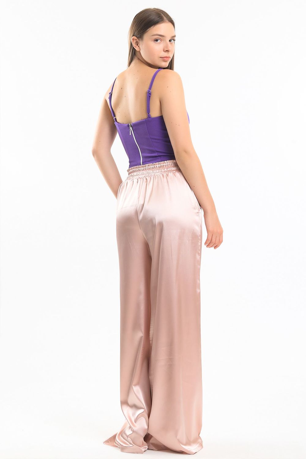SNS Sense Powder High Waisted Wide Leg Satin Pants with Detailed Pockets - Zoetermeer