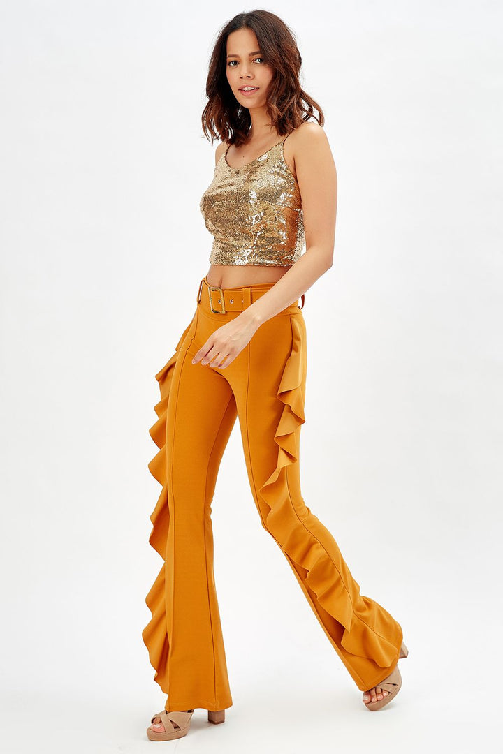SNS Sense Saffron Yellow Buckled Belt Side Ruffled Scuba Crepe Pants_Pnt32717 - Sudbury