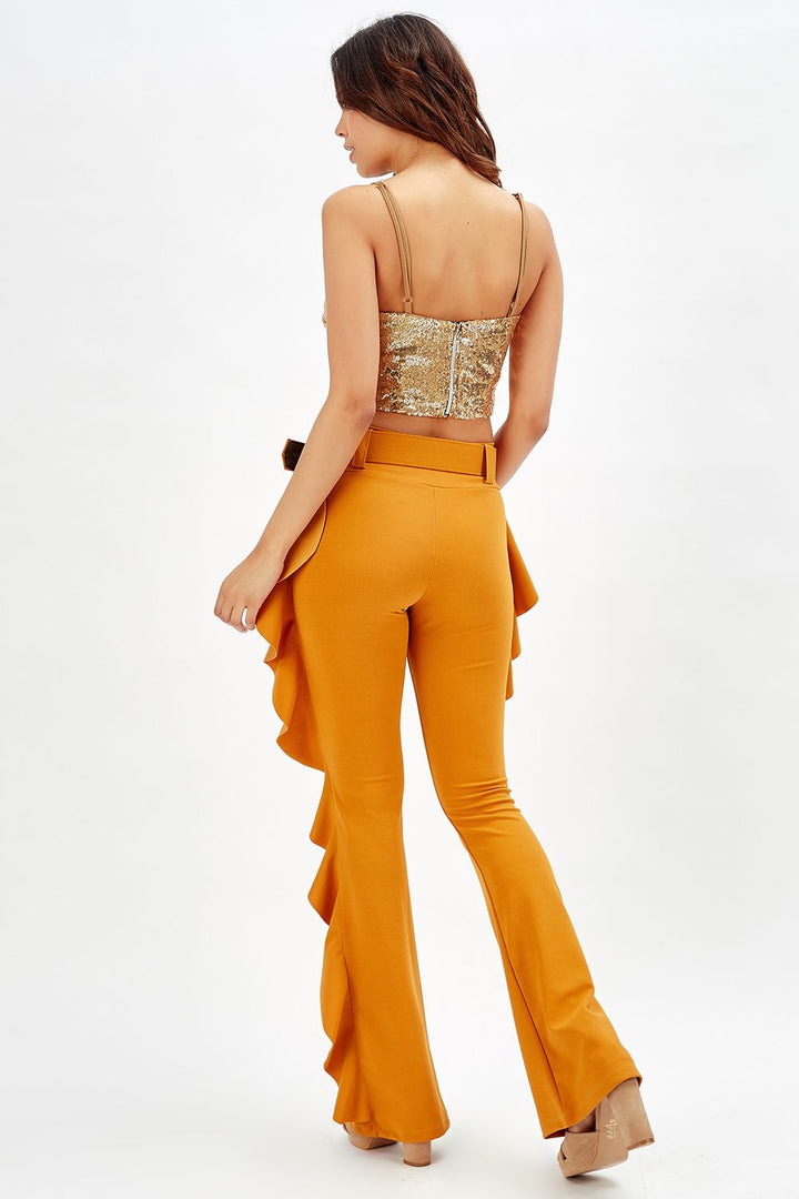 SNS Sense Saffron Yellow Buckled Belt Side Ruffled Scuba Crepe Pants_Pnt32717 - Sudbury