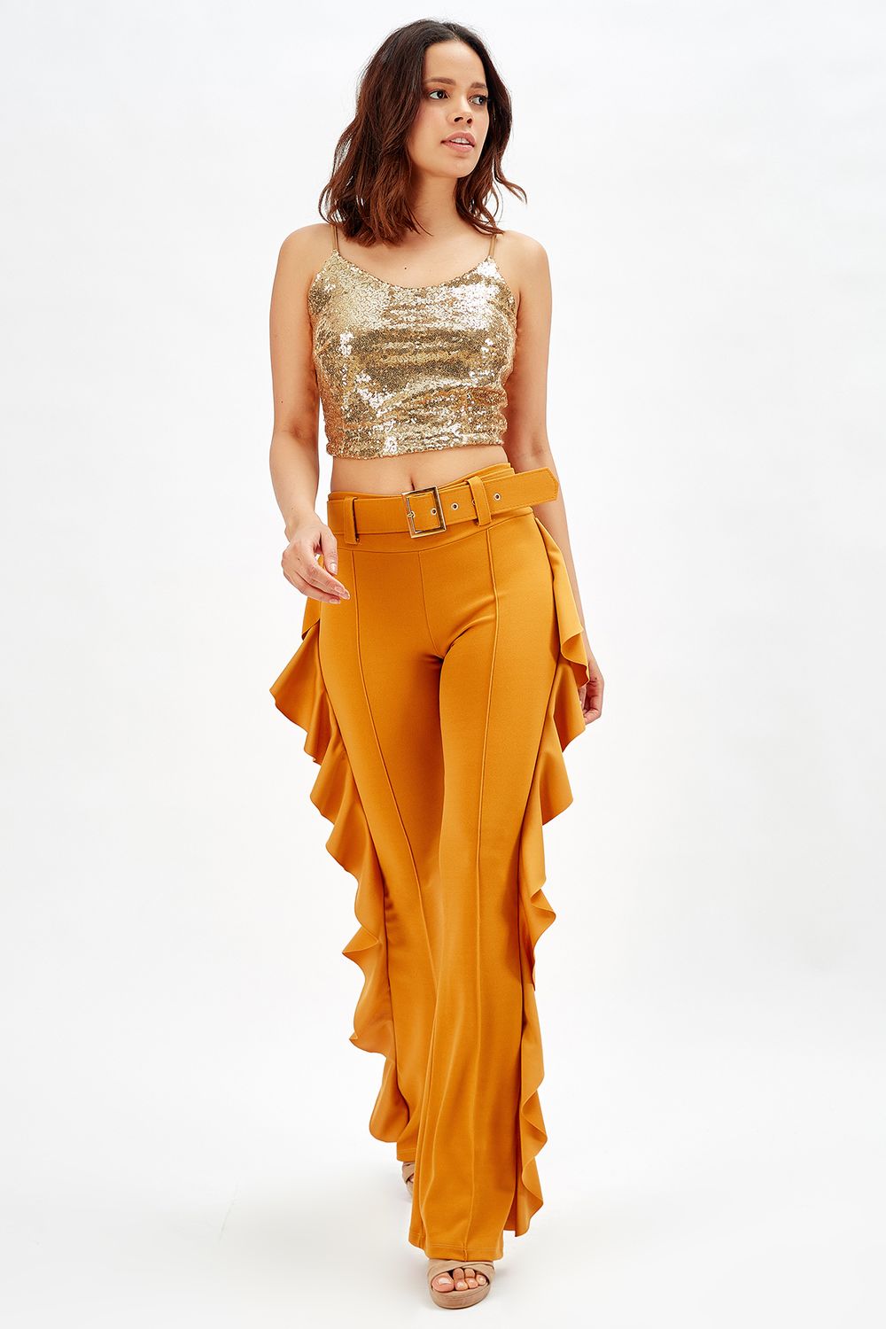 SNS Sense Saffron Yellow Buckled Belt Side Ruffled Scuba Crepe Pants_Pnt32717 - Sudbury