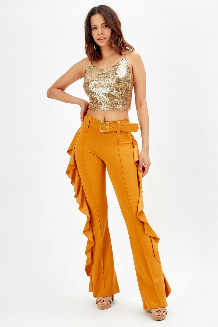 SNS Sense Saffron Yellow Buckled Belt Side Ruffled Scuba Crepe Pants_Pnt32717 - Sudbury