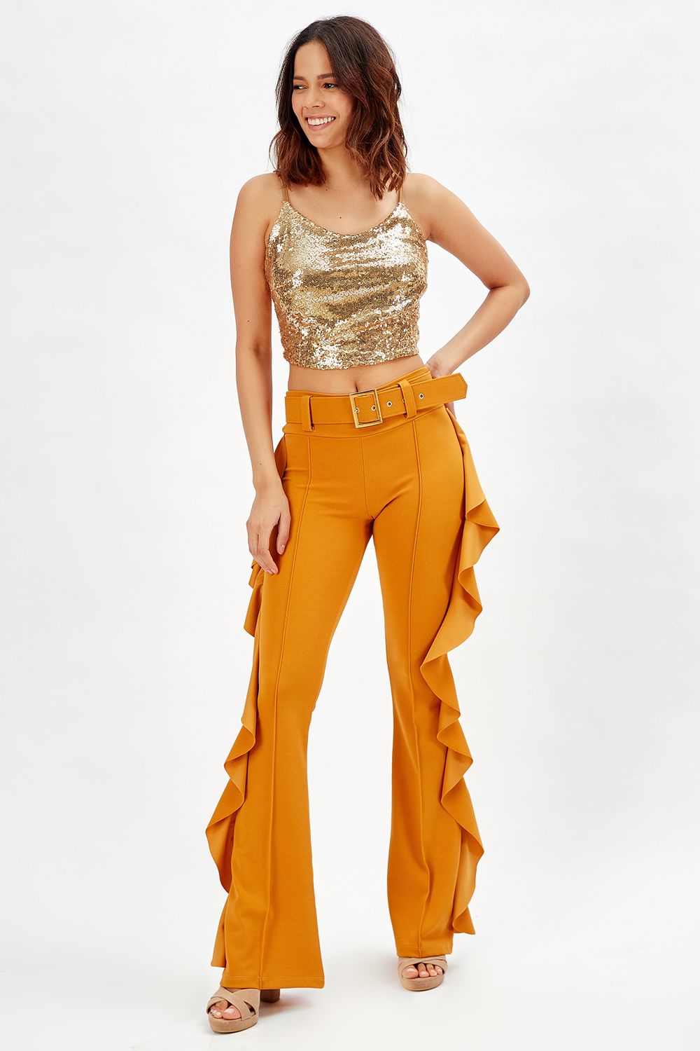 SNS Sense Saffron Yellow Buckled Belt Side Ruffled Scuba Crepe Pants_Pnt32717 - Sudbury