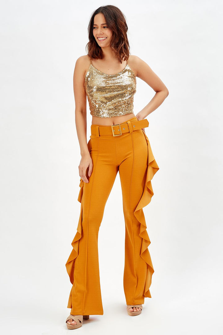 SNS Sense Saffron Yellow Buckled Belt Side Ruffled Scuba Crepe Pants_Pnt32717 - Sudbury