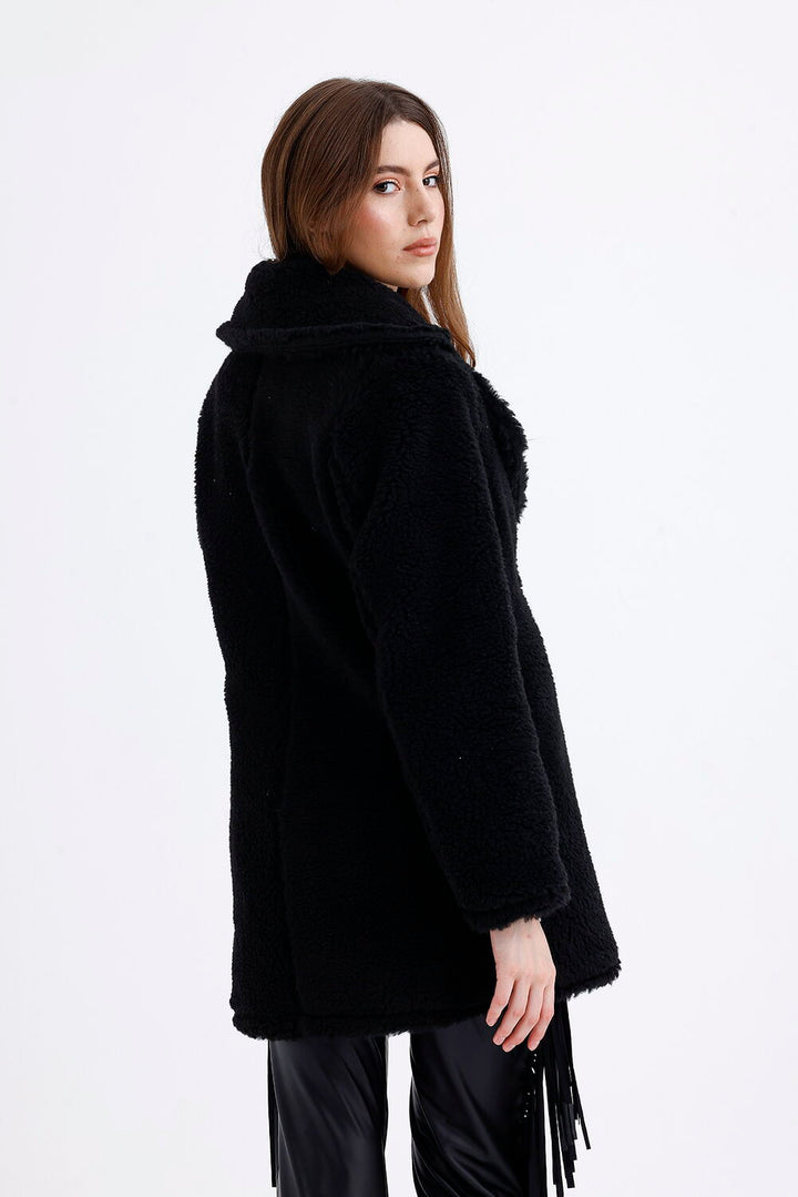 SNS Sense Black Lined Double-Breasted Fur Coat - Geldern