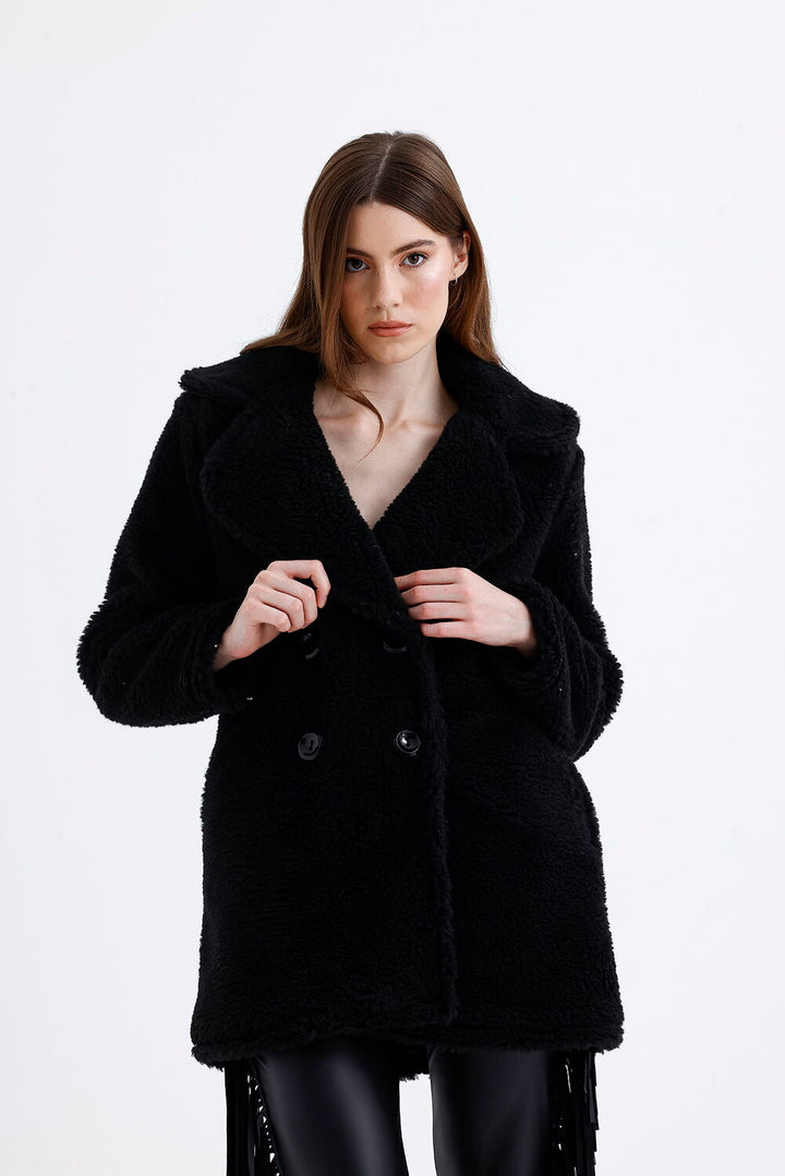 SNS Sense Black Lined Double-Breasted Fur Coat - Geldern