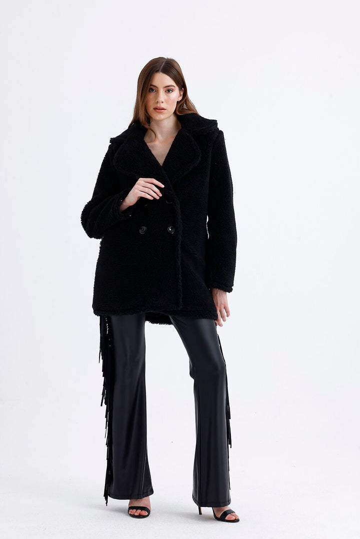 SNS Sense Black Lined Double-Breasted Fur Coat - Geldern