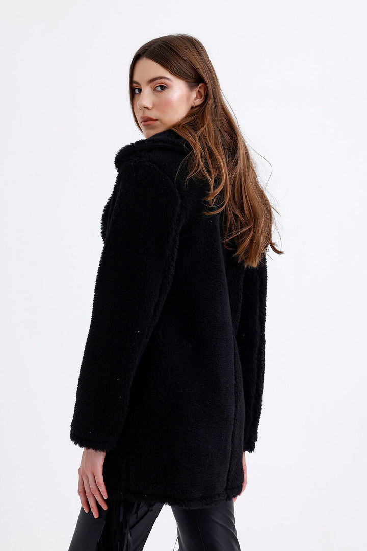 SNS Sense Black Lined Double-Breasted Fur Coat - Geldern