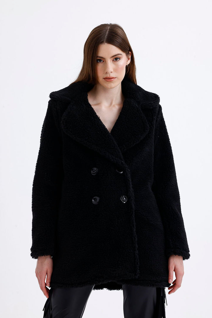 SNS Sense Black Lined Double-Breasted Fur Coat - Geldern