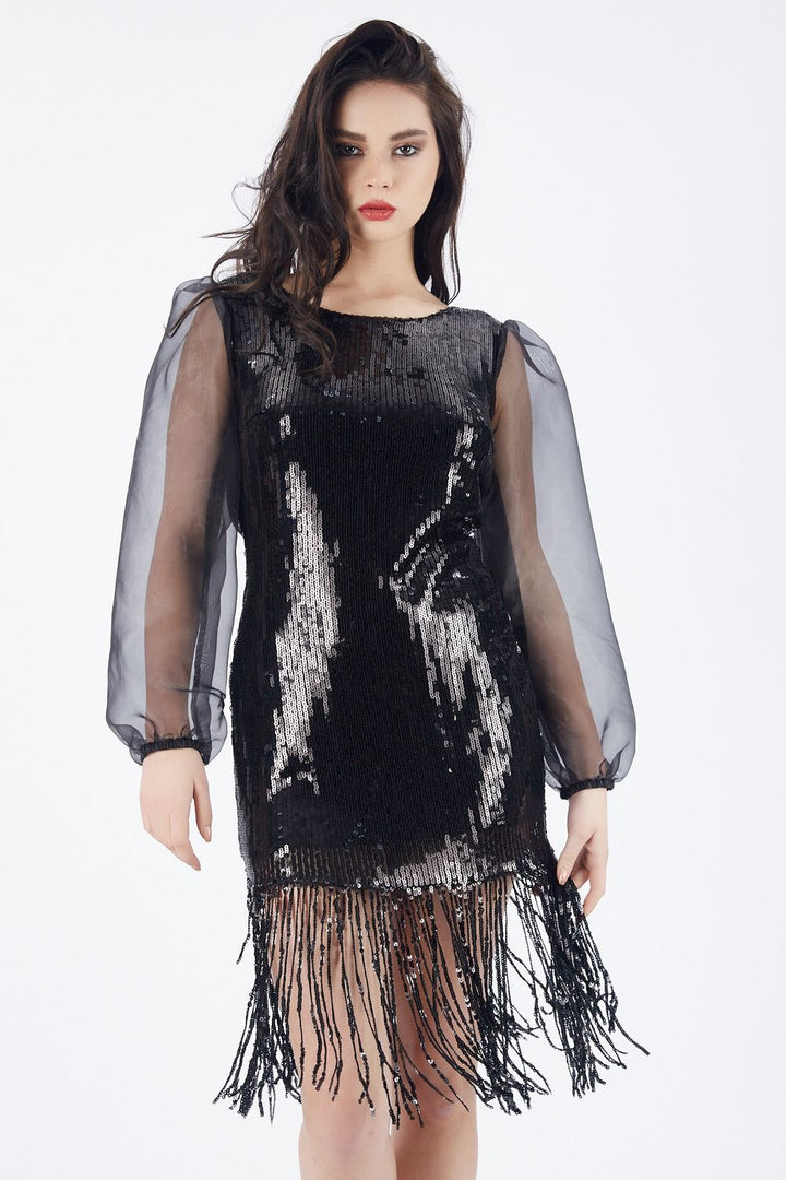 SNS Sense Black Organza Sequined Evening Dress - Huntsville