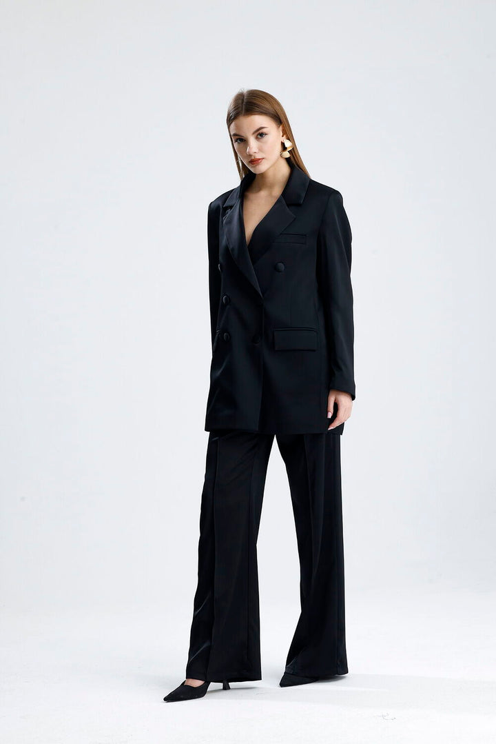 SNS Sense Black Lined Satin Women's Suit - Elegant Oversized Jacket and Wide Leg Pants - Garden Grove