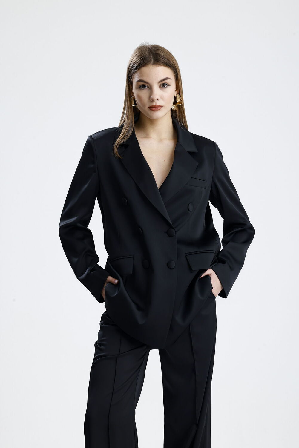 SNS Sense Black Lined Satin Women's Suit - Elegant Oversized Jacket and Wide Leg Pants - Garden Grove