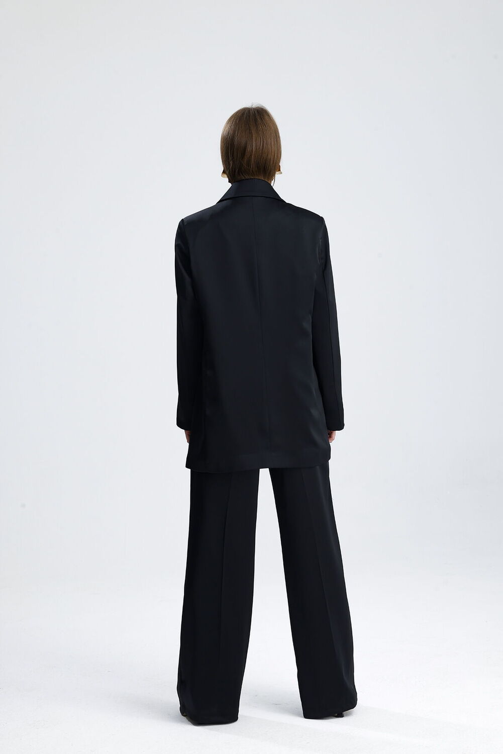 SNS Sense Black Lined Satin Women's Suit - Elegant Oversized Jacket and Wide Leg Pants - Garden Grove