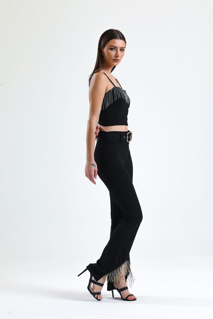 SNS Black Belted Sequined Chain Detailed Scuba Crepe Evening Pants - Franklin