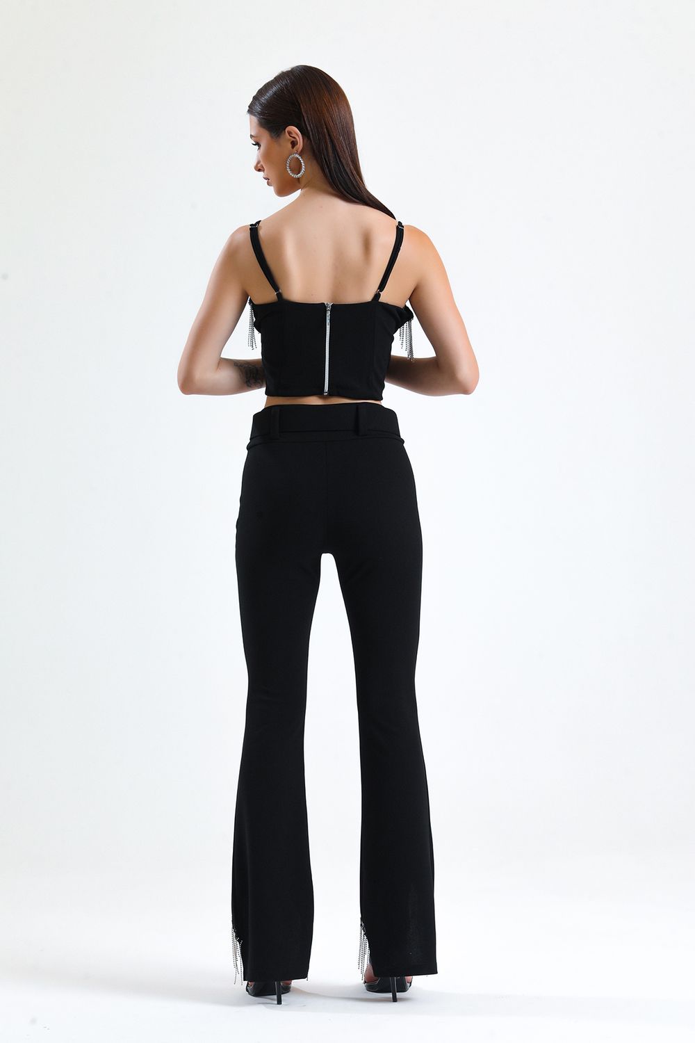 SNS Black Belted Sequined Chain Detailed Scuba Crepe Evening Pants - Franklin