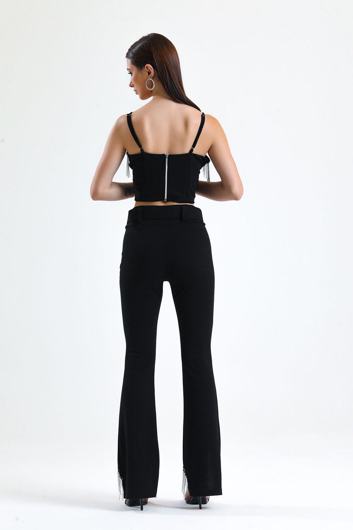 SNS Black Belted Sequined Chain Detailed Scuba Crepe Evening Pants - Franklin