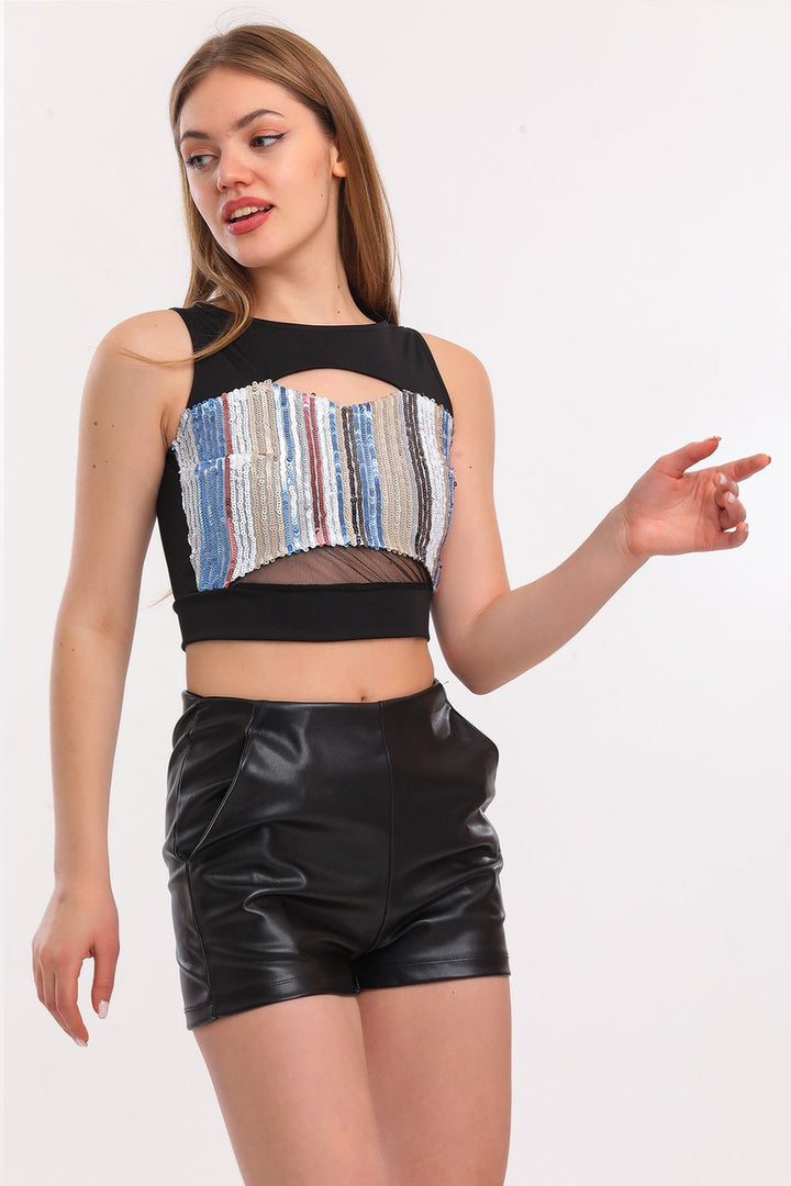 SNS Sense Black High Waisted Leather Shorts with Elastic Waistband - Racine