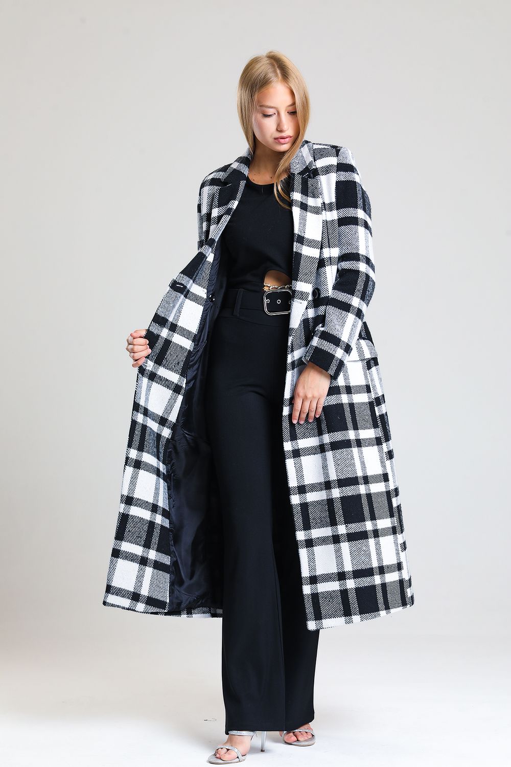 SNS Sense Black and White Plaid Lined Woolen Long Coat - Polatsk