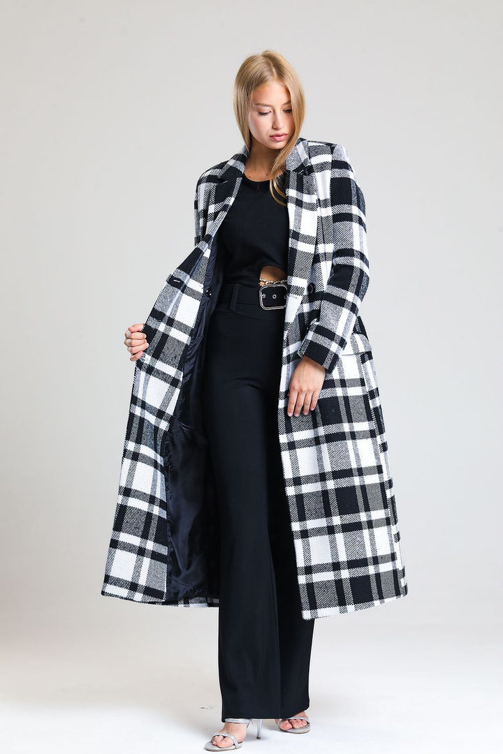 SNS Sense Black and White Plaid Lined Woolen Long Coat - Polatsk