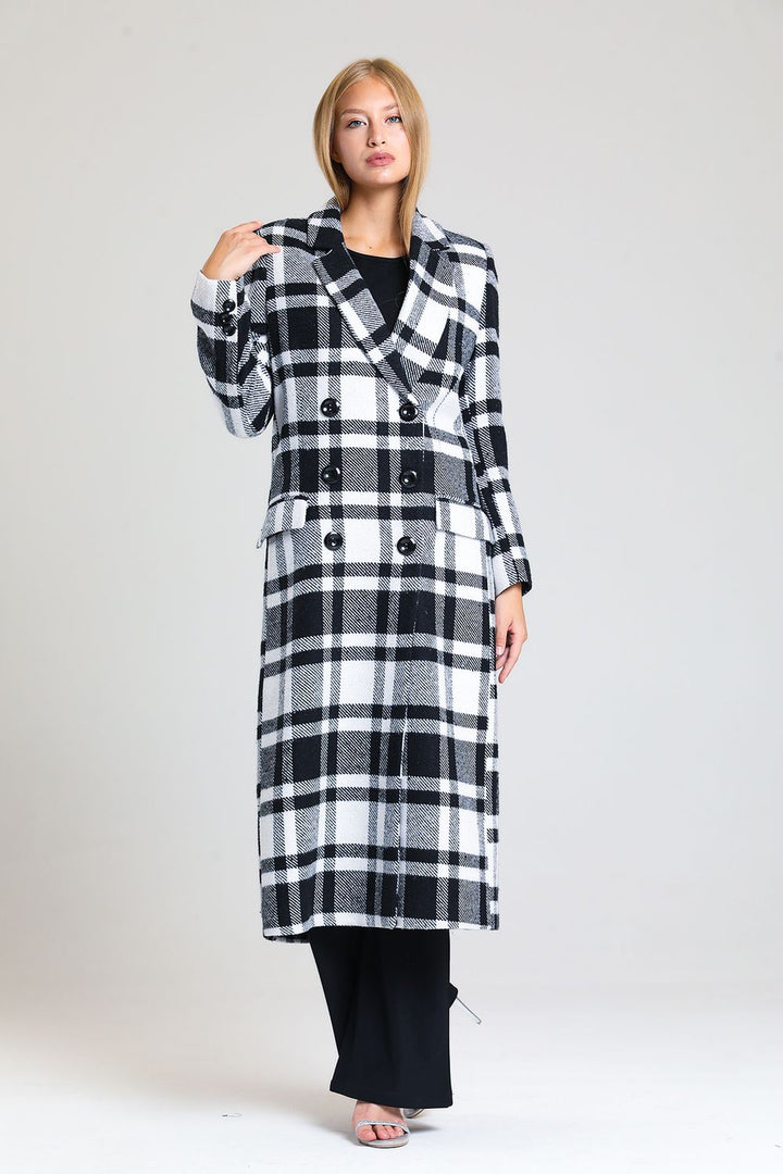 SNS Sense Black and White Plaid Lined Woolen Long Coat - Polatsk