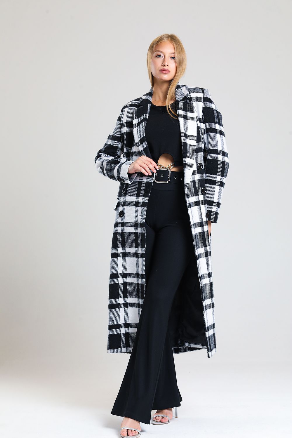 SNS Sense Black and White Plaid Lined Woolen Long Coat - Polatsk