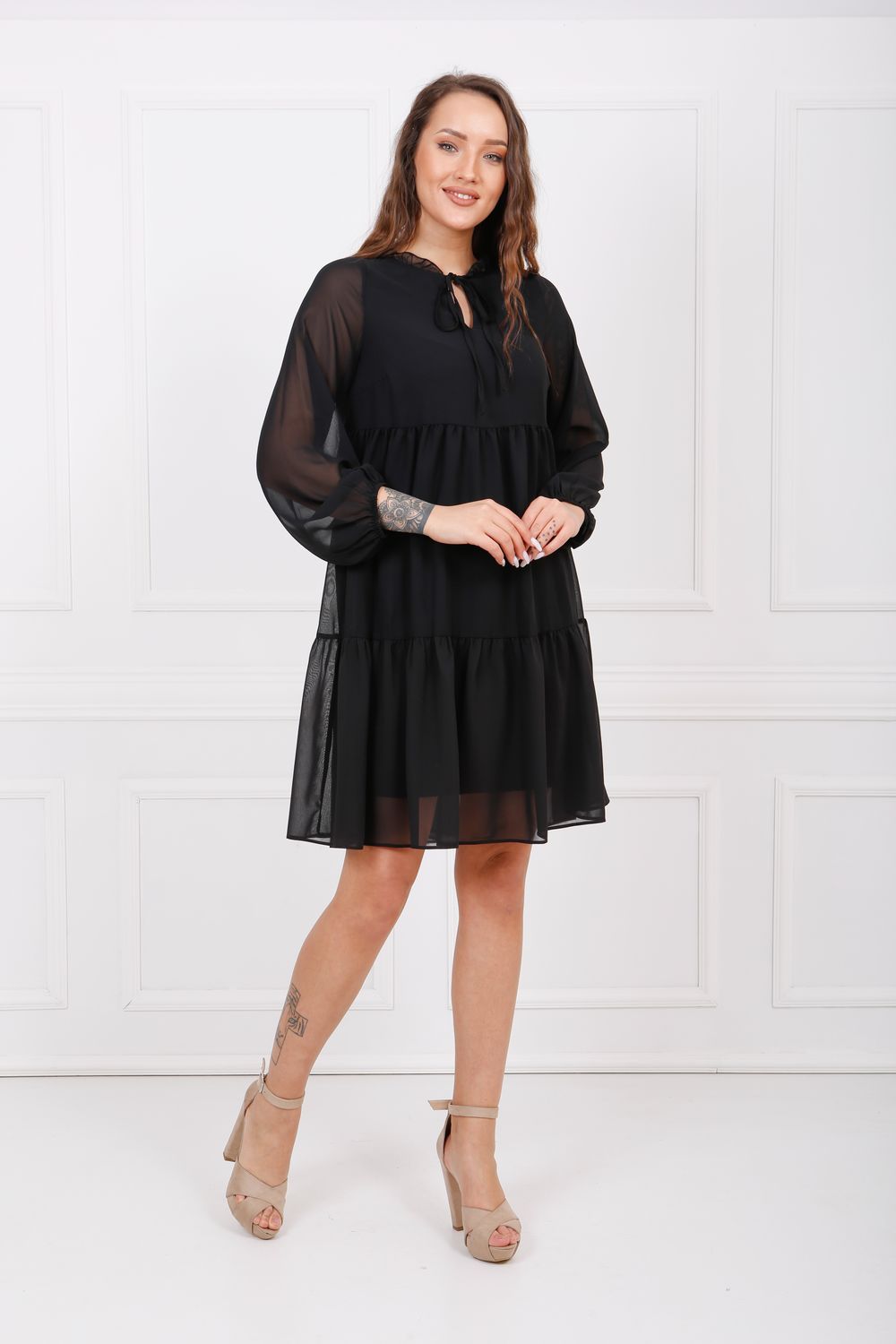 SNS Sense Black Long Sleeve Chiffon Lined Dress Elb32766 - Florence