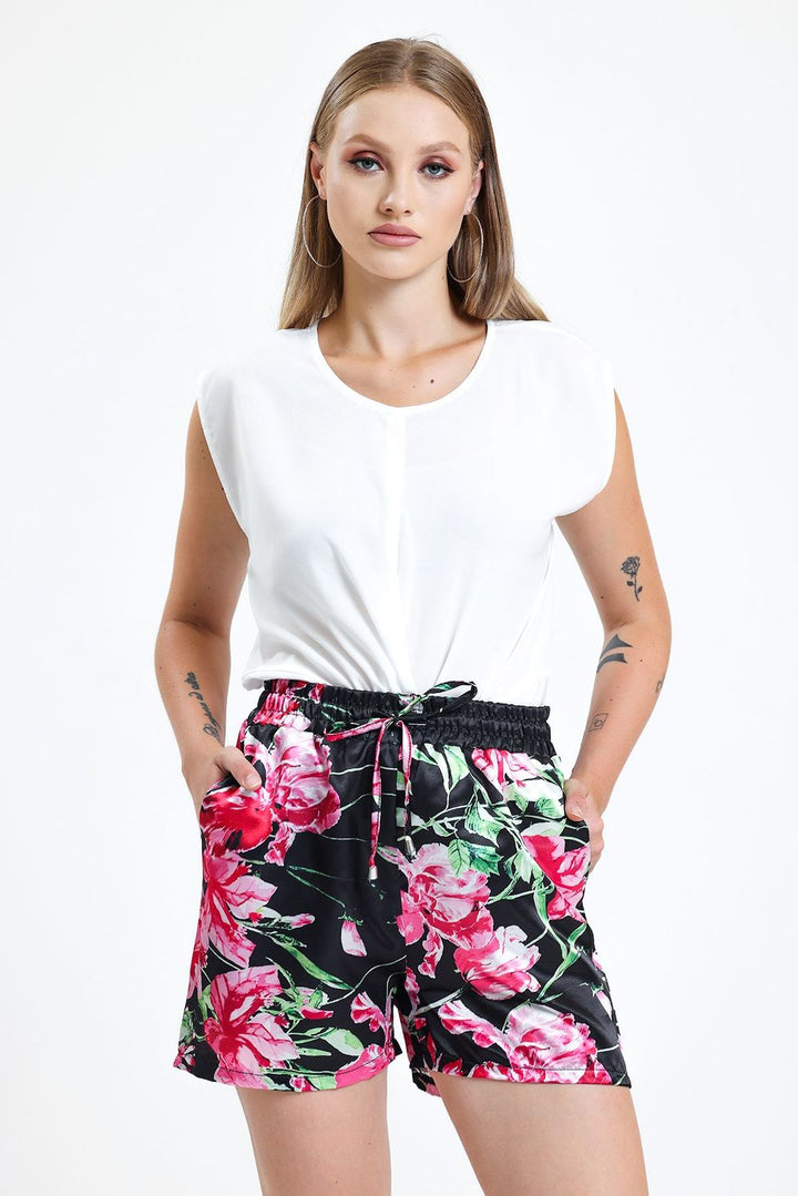 SNS Sense Black Flower Printed Digital Satin Shorts - Khartsyzk