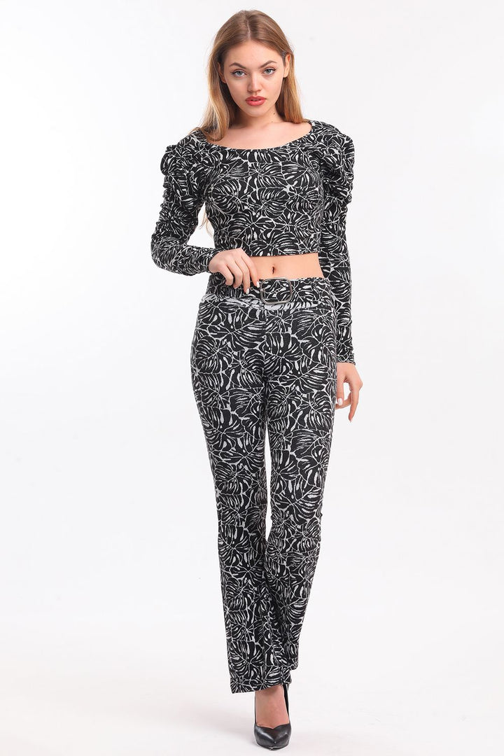 SNS Sense Black-Ecru Spanish Flare Jacquard Fabric Pants - Horad Barysaw