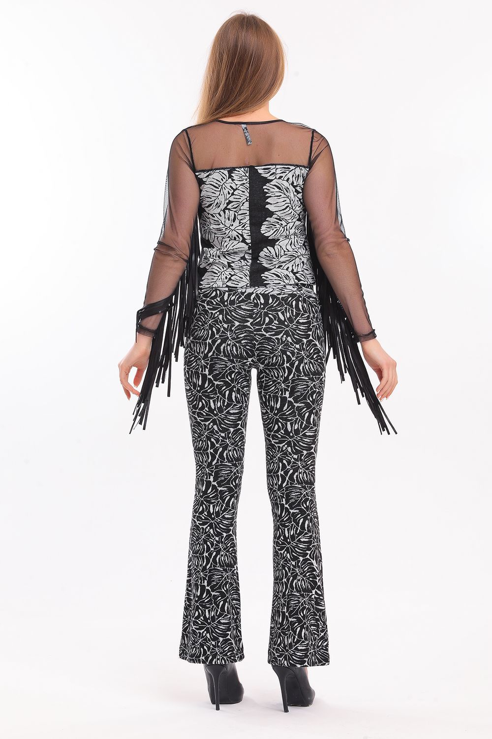 SNS Sense Black-Ecru Spanish Flare Jacquard Fabric Pants - Horad Barysaw