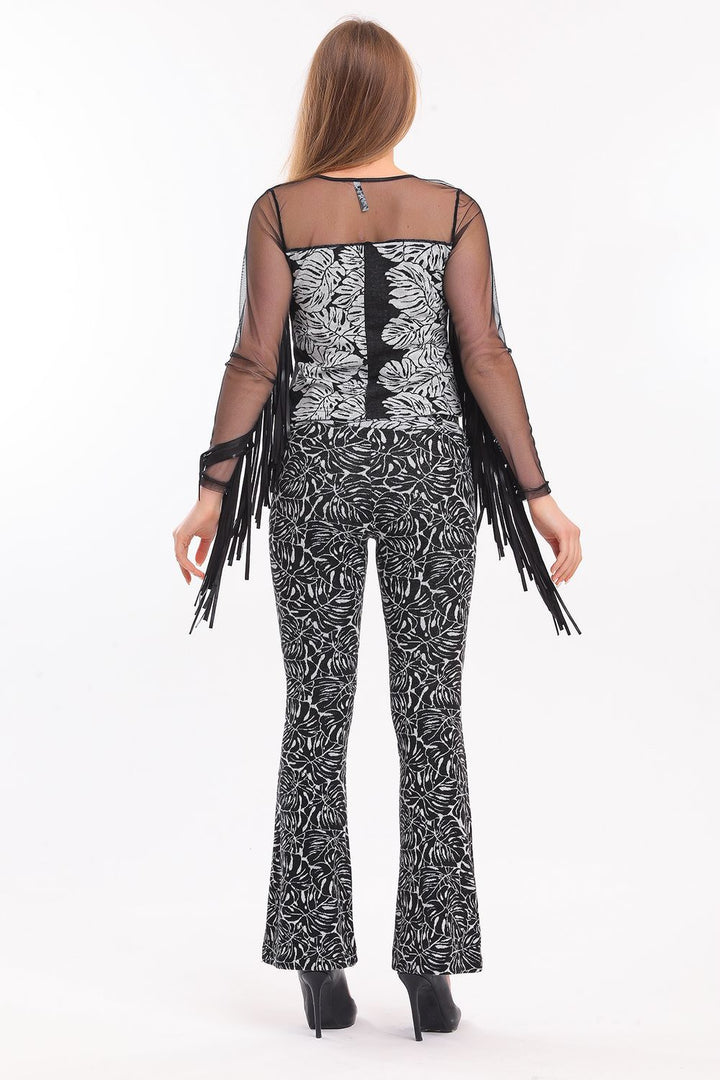SNS Sense Black-Ecru Spanish Flare Jacquard Fabric Pants - Horad Barysaw