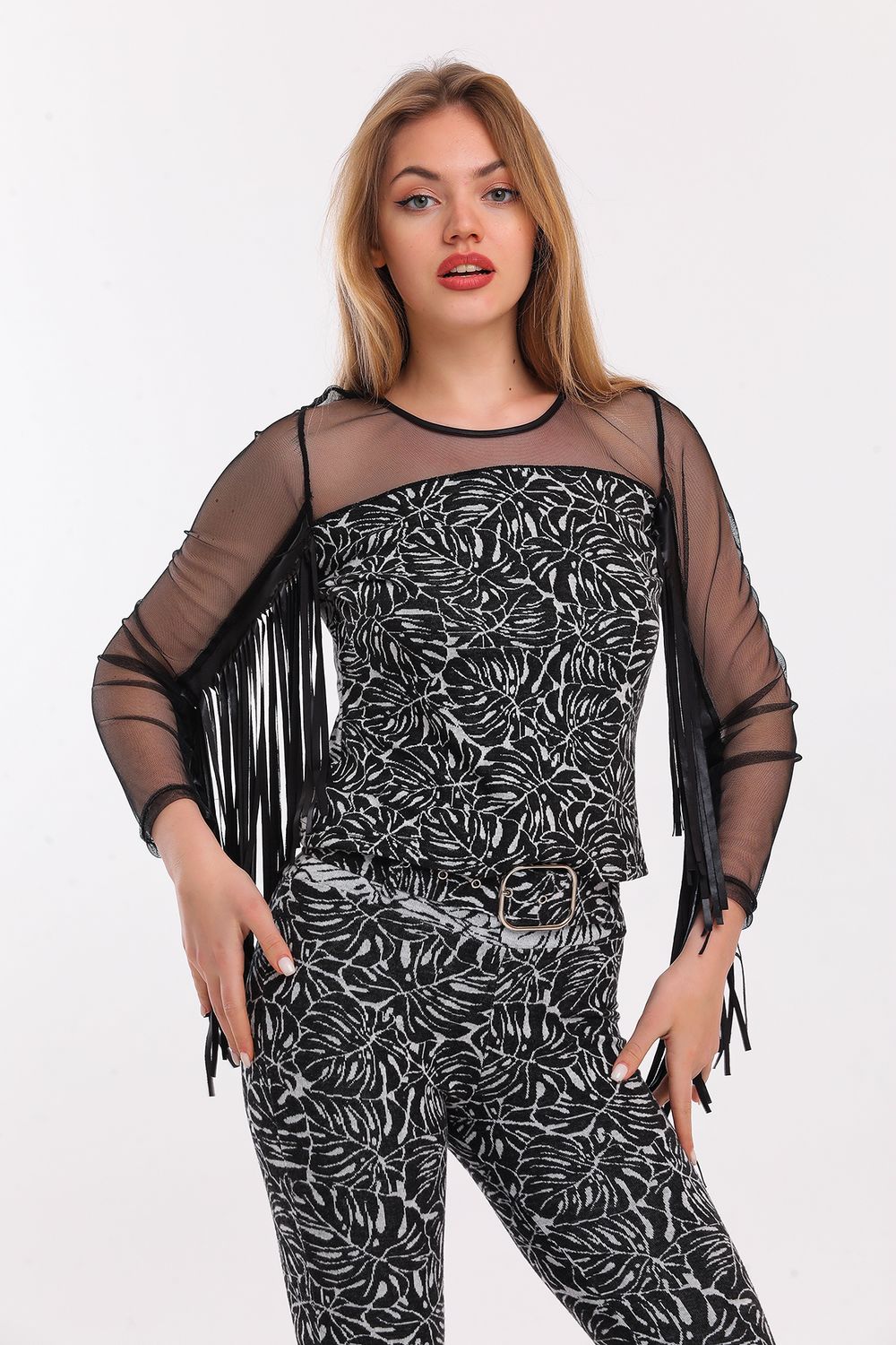 SNS Sense Black Ecru Tulle Tassel Jacquard Blouse - Lees Summit